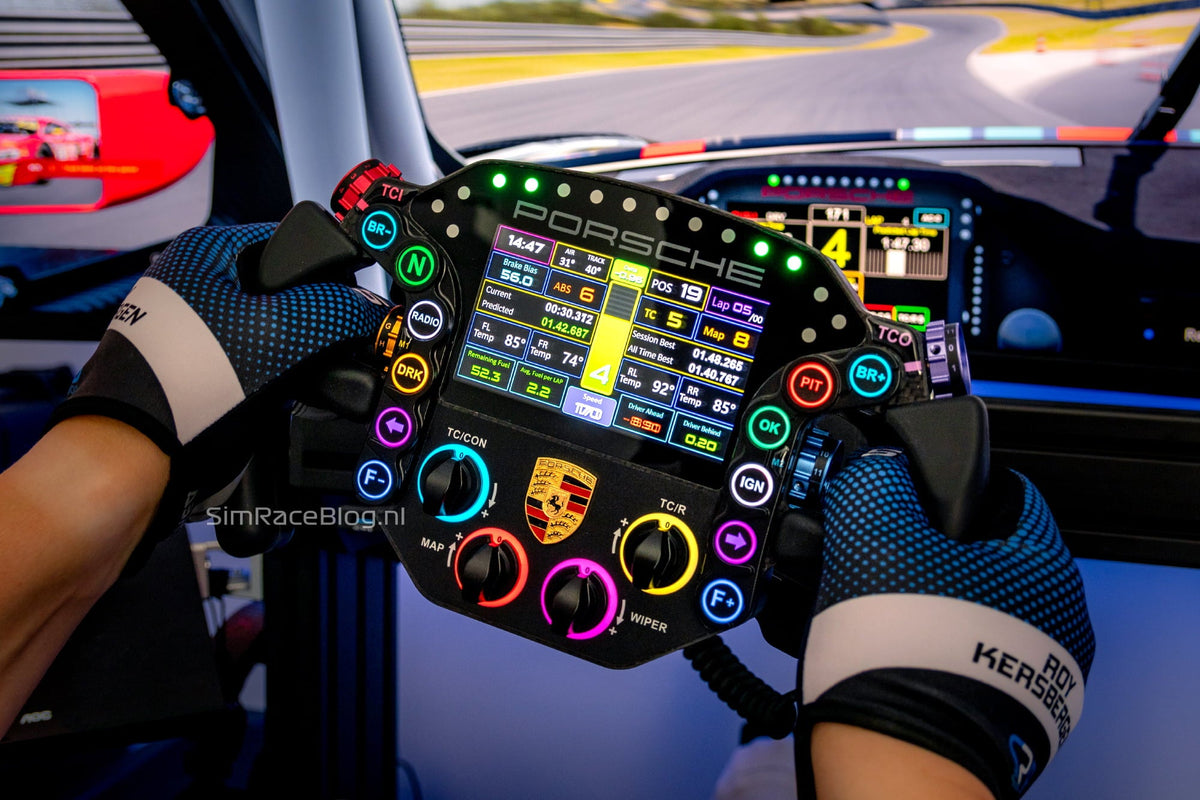 GRID Porsche 911 RSR steering wheel illuminated in an installed sim racing cockpit