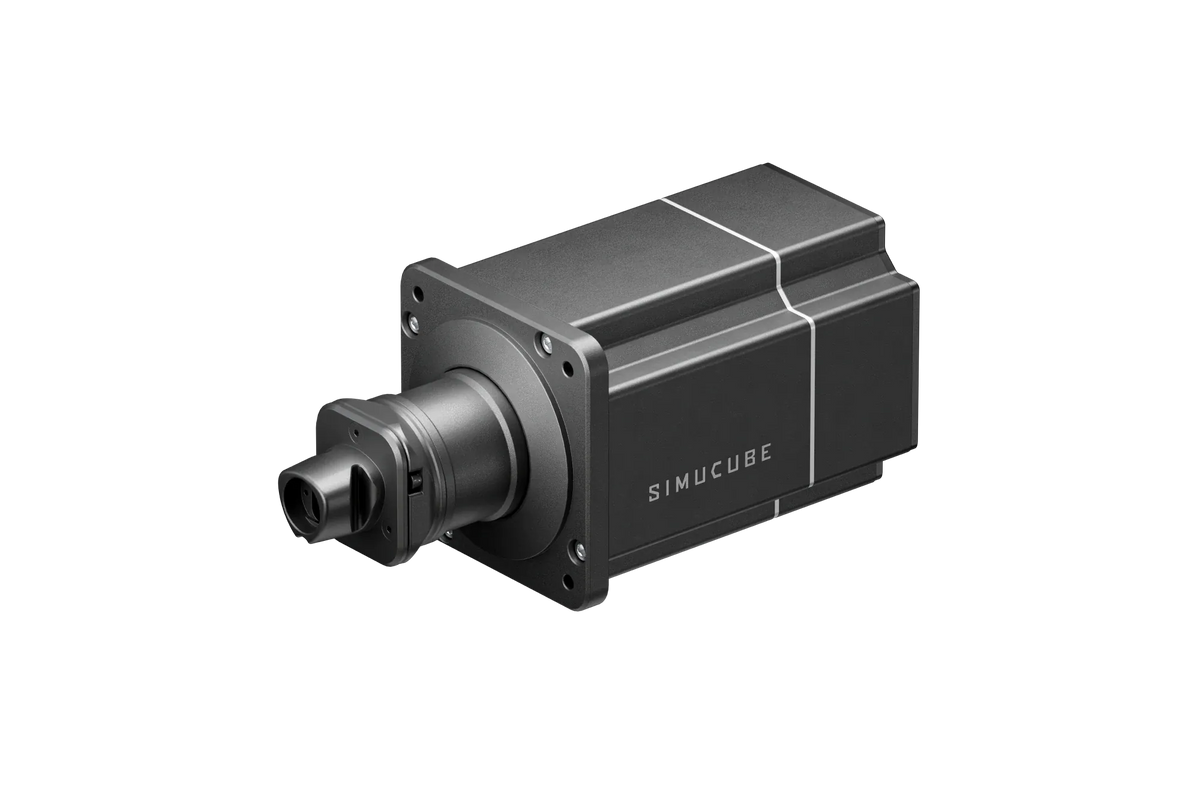 Official Simucube 2 Link Quick Release adapter installed on the wheelbase shaft