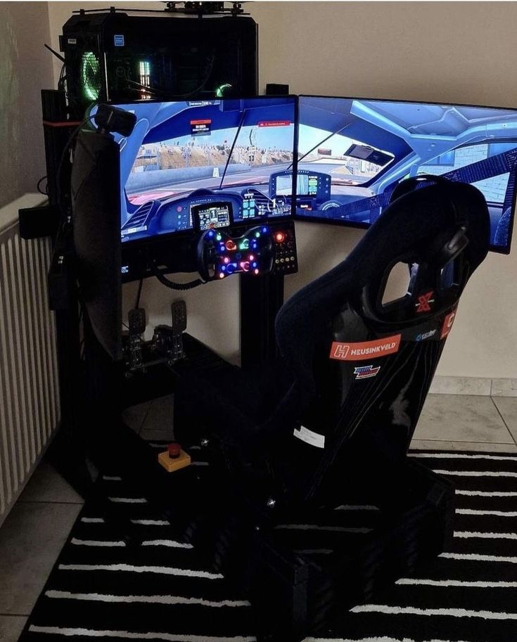 Real SimXPro triple-monitor racing cockpit with installed freestanding screen support