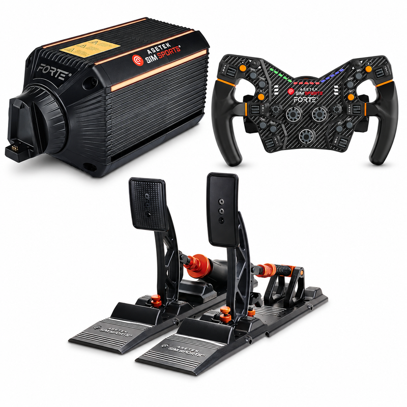 Asetek SimSports® Forte™ 18Nm & Forte Pedals S-Series Bundle Asetek SimSports Asetek SimSports Wheel base + Wheel + Pedal Bundle  Sim Race Webshop B.V.