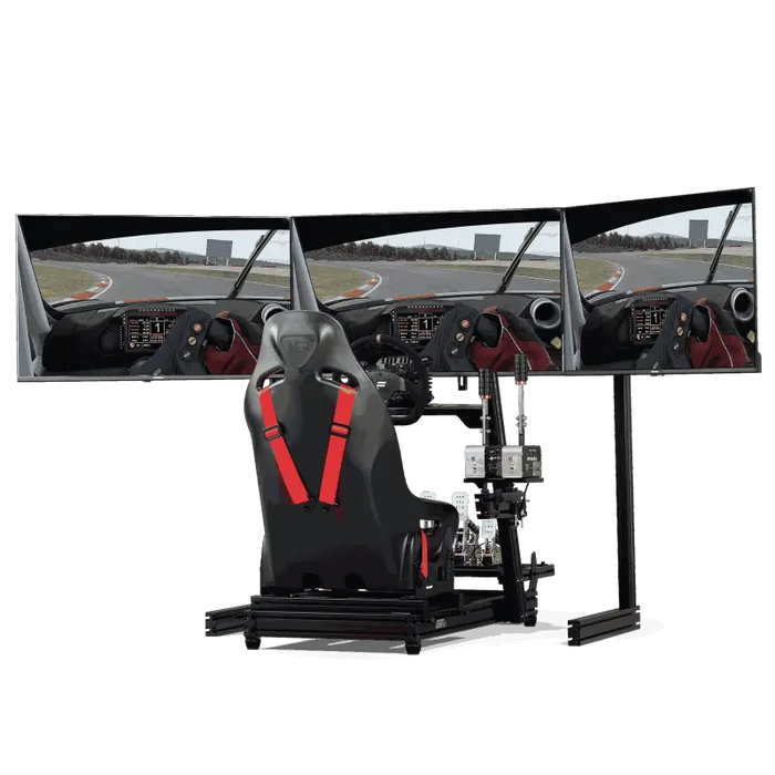 NEXT LEVEL RACING ELITE FREE STANDING TRIPLE MONITOR STAND - BLACK EDITION - complete simulator view